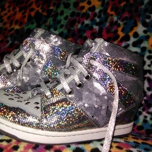 Silver holographic stud wedge sneakers